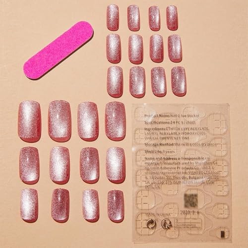 Pink Cat Eye Press on Nails Medium Square Fake Nails Glitter Short Style-5