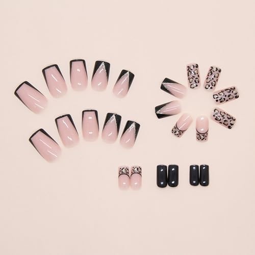 French Tip Press on Nails Leopard Medium Square False Leopard Black French Tip