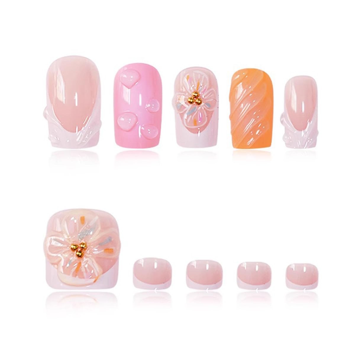 yefiuo Pink Press on Nails & Toenails Medium, & Orange & Blue