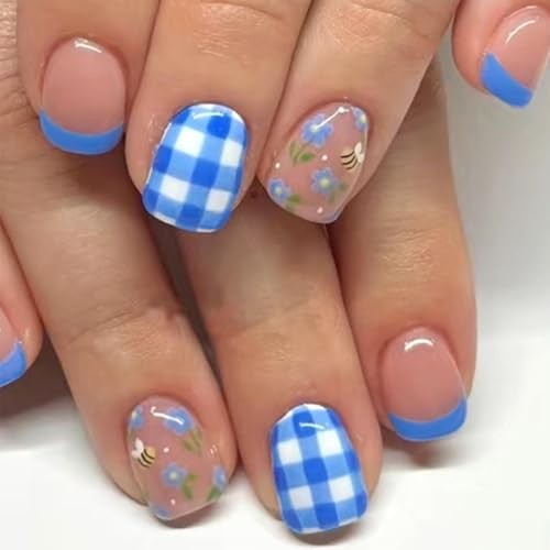 French Tip Press on Nails Cute Bee Flower False Nails Glossy Blue White Check