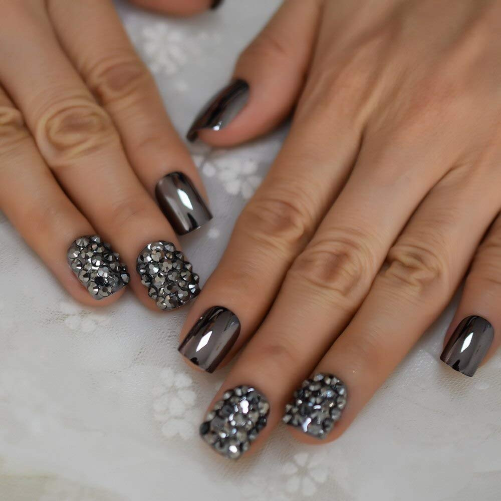 Punk Dark Smoky Gray Reflective Mirror Metal Plating False French Nail Tips Punk