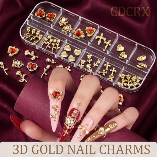 Gold Nail Charms Kit, CDCRX 8 Boxes 3D Nail Art Decorations with Gold Studs,