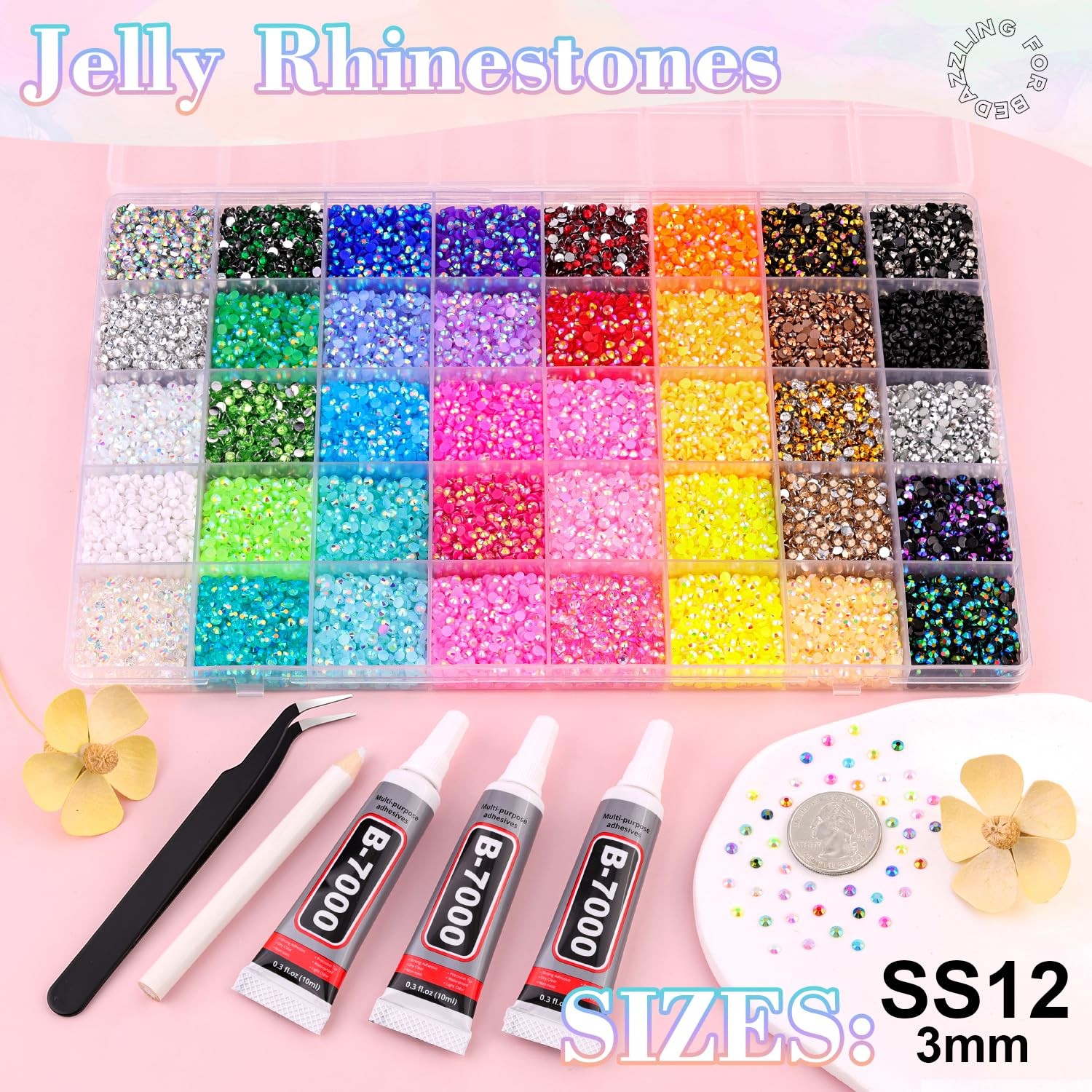 BELLEBOOST 50000Pcs 40 Colors Jelly Rhinestones Bedazzling kit 3mm Multicolor