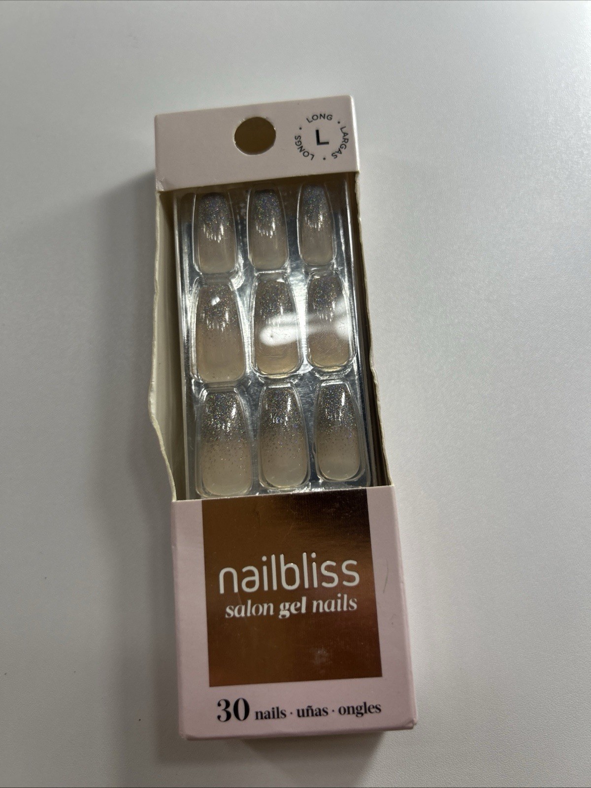 nailbliss Press-On Nails Long Square Silver Beige Ombre Glitter 30 GN20