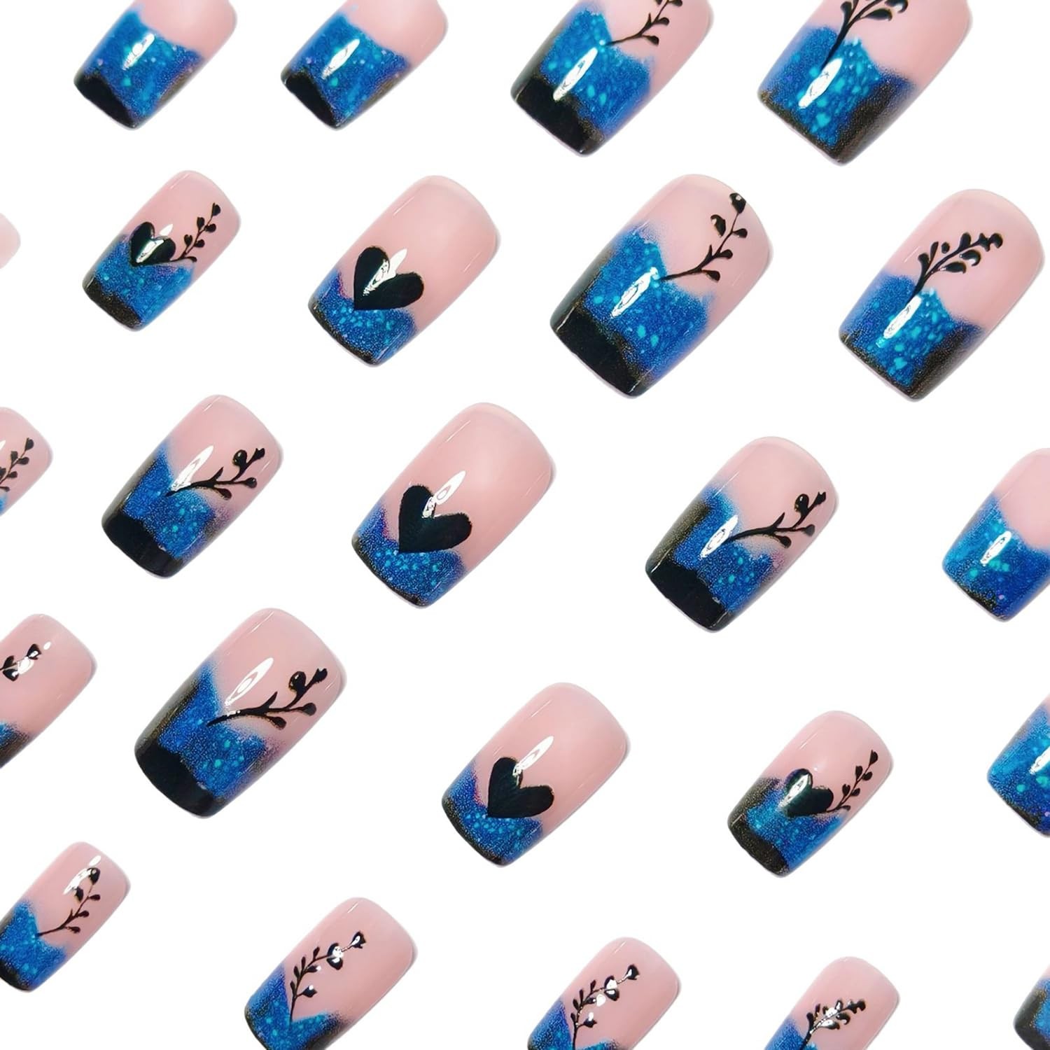 24 Pcs Blue Gradient French Tip Press on Nails Short Square Shaped False Q11