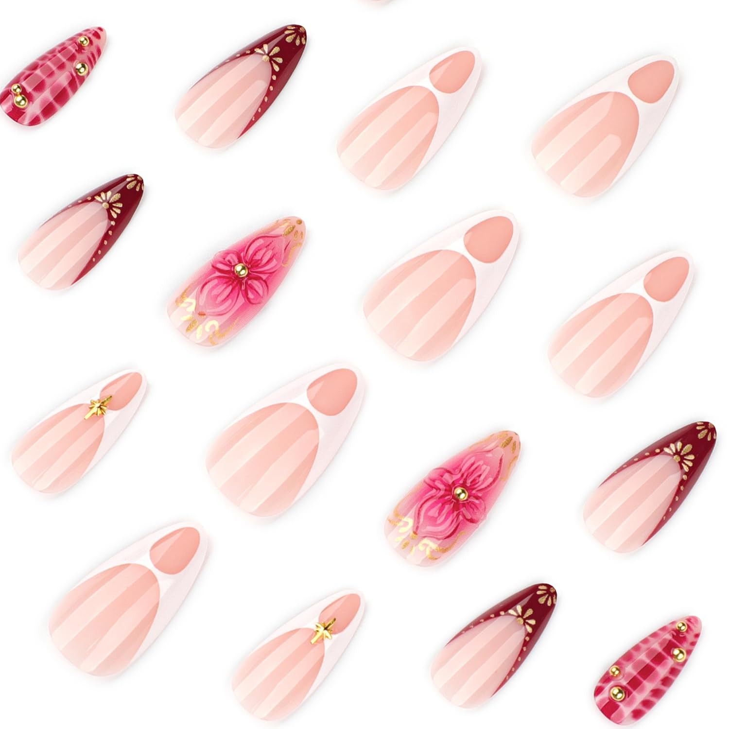 French Tip Press on Nails Medium Almond – 3D Flower Rose Pink almond Shape 45