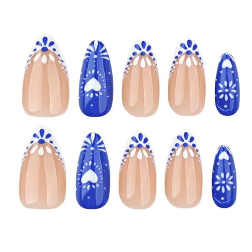 Blue White Totem Press on Nails French Tip Fake Nails Short Almond style20