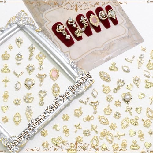 116PCS Nail Charms Luxury Nail Art Jewelry Dangle Heart Nail Gems Pearls Gold