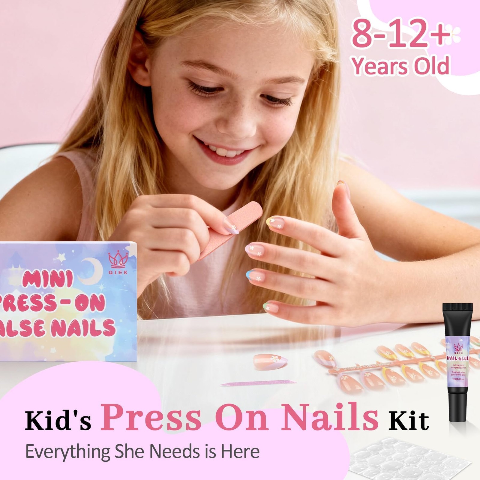 16 Sizes Press on Nails Kit for Kids – 32 Pieces French Almond Fake Nail Tips…