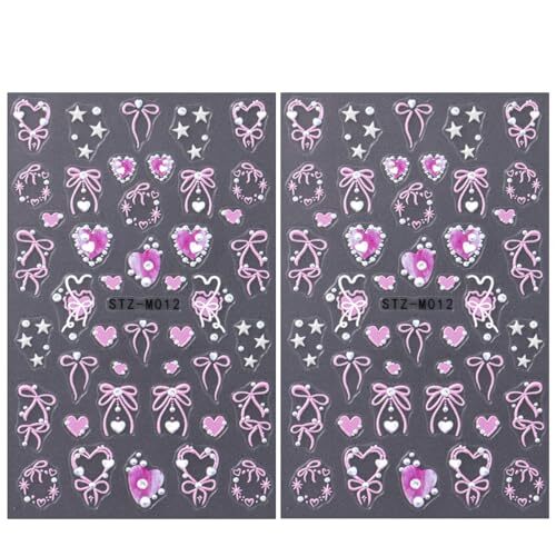2 Sheets Pink Valentines Day Nail Stickers 3D Self Adhesive Heart Nail Art