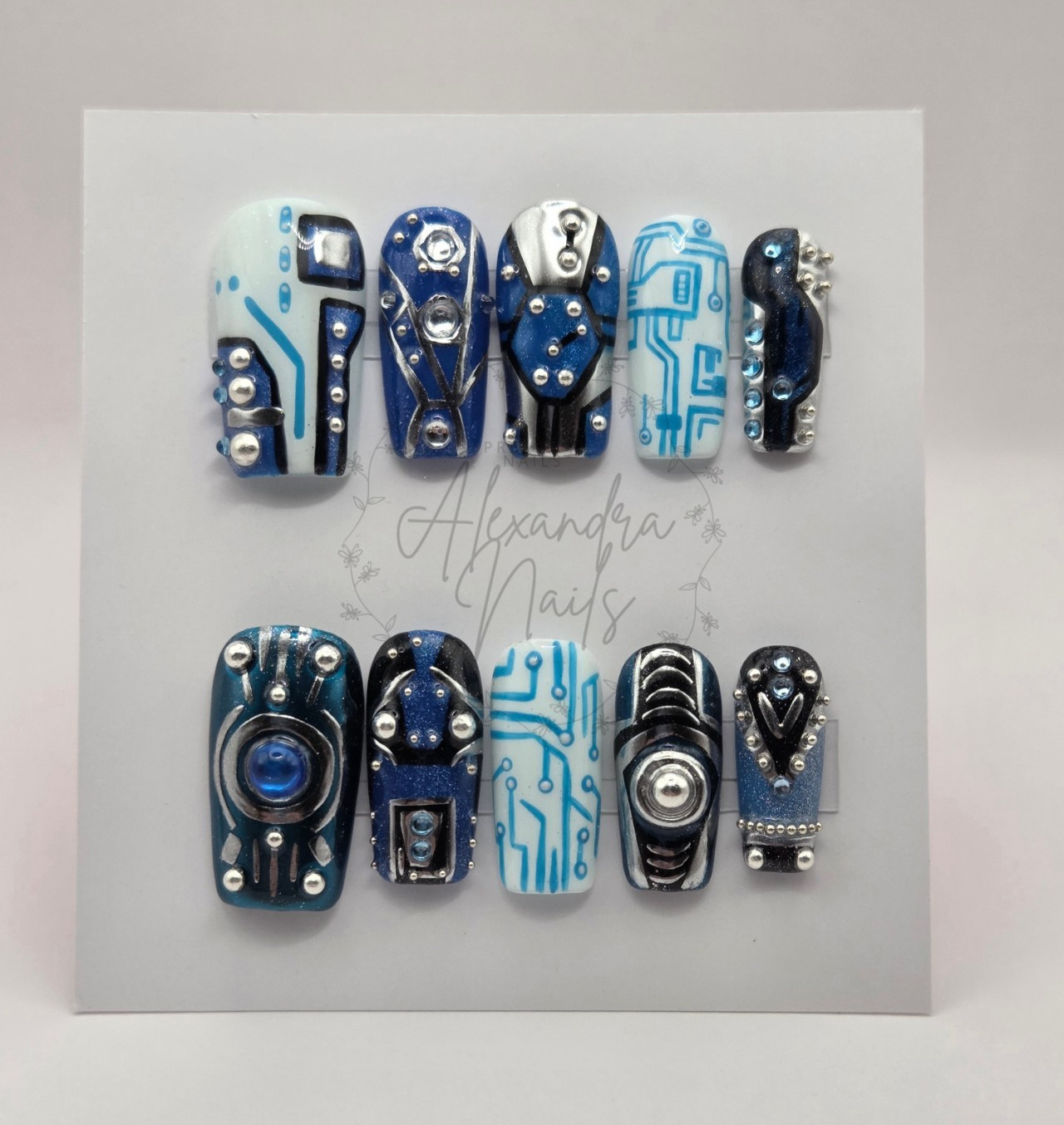 Handmade Robotic Blue Press On Nails | Medium Square | Futuristic Cyber Y2K | 3D