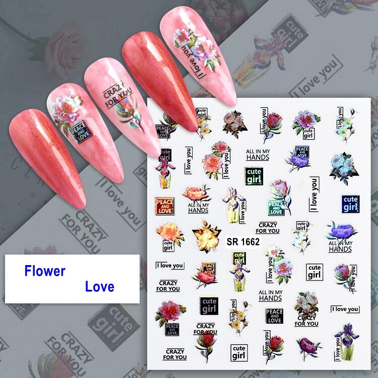 Nail Sticker Rose Branch Flower Love Life Words Daisy Sunflower Nail Decal