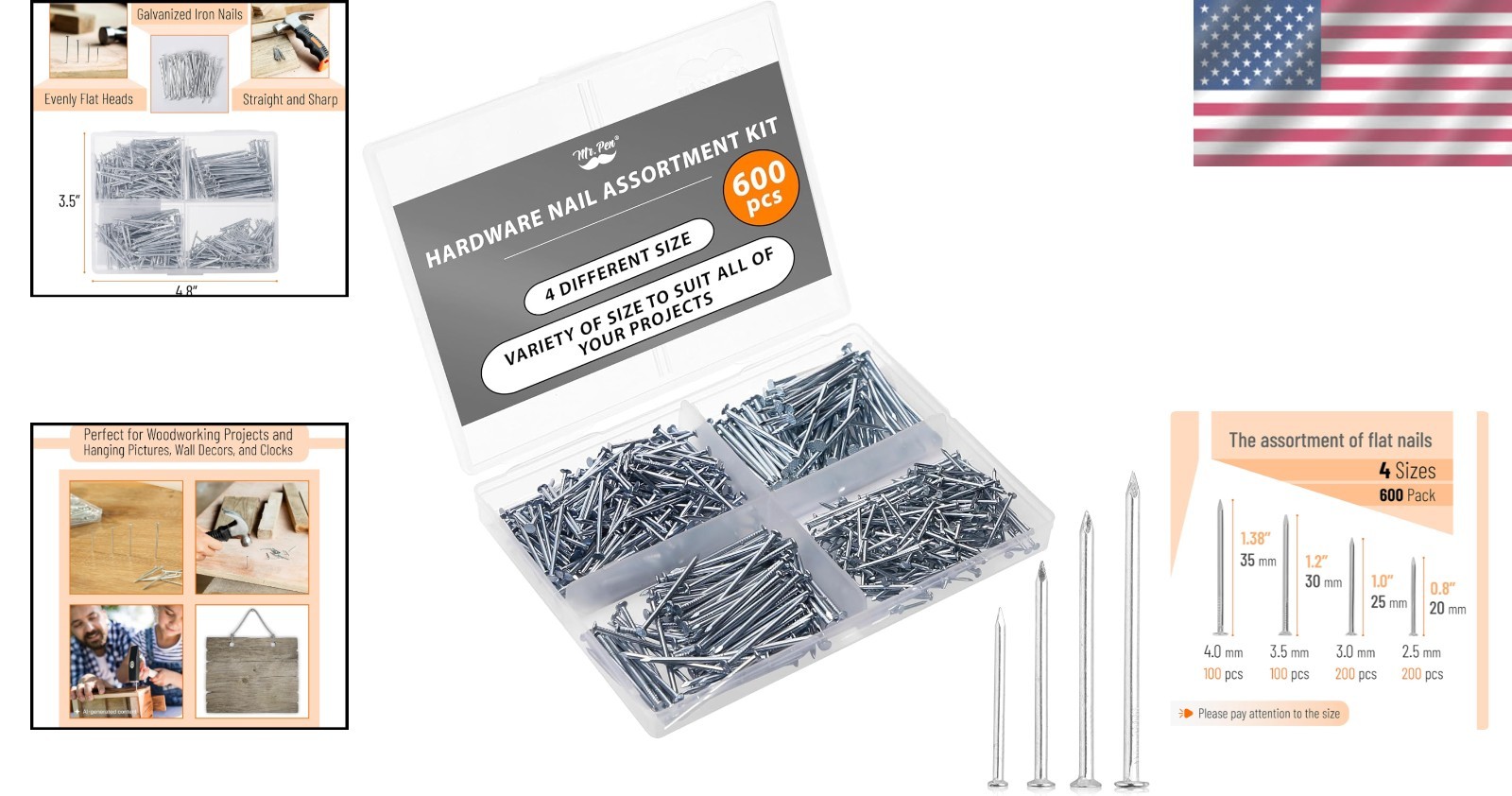 Quality Silver Nail Set – 600 Pcs in 4 Sizes for Picture Hanging & DIY Projects
