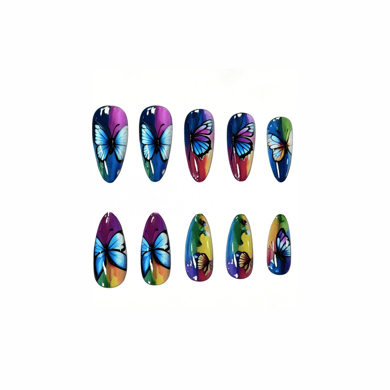 48Pcs-Y2K Vibrant Multicolor Stripe Bright Butterfly Art Oval Press on Nails