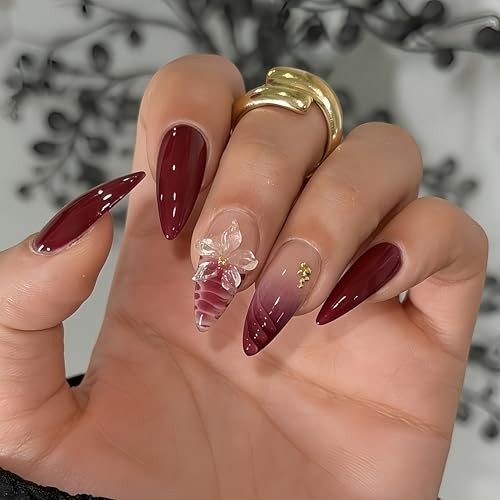 24Pcs Flower Press on Nails Medium Almond Fake Nails with Burgundy French Style