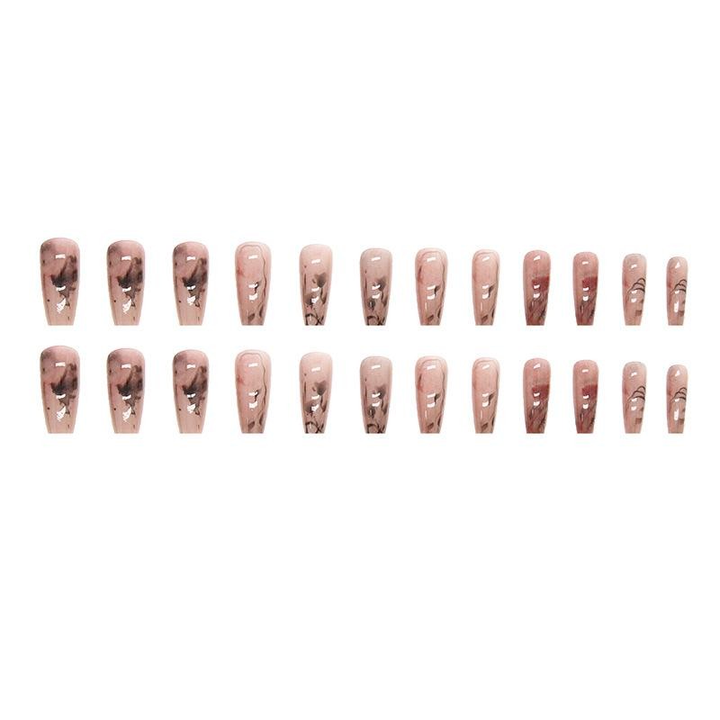 24xFake Nail Gradient Smudged Ink Chinese Style Long False Nails Press On Nails