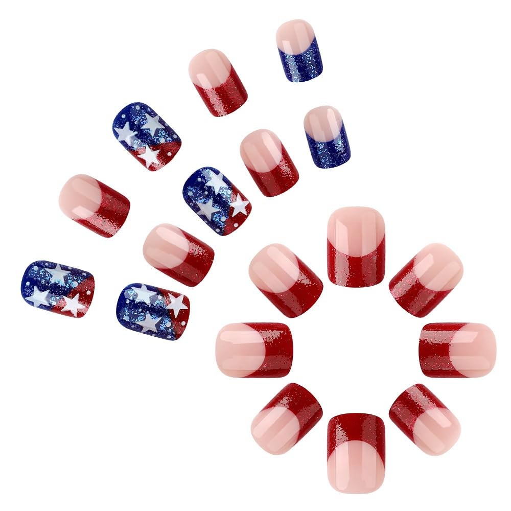 Independence Day Press on Nails French Tip Fake Nails Blue Red False Nails wi…