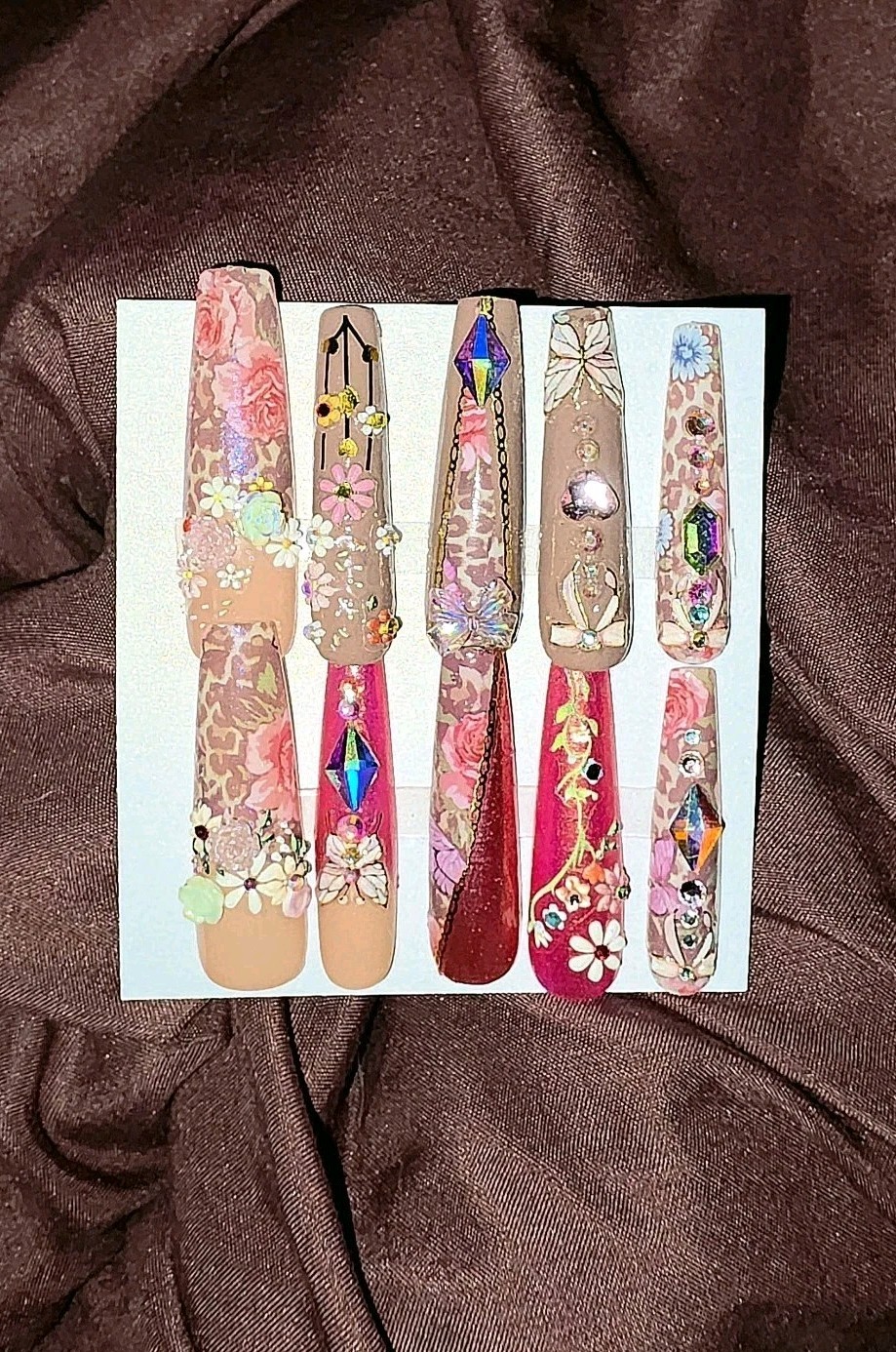 Acrylic Press On Junk Nails Floral 3D Gems Floral Animal Print Long Coffin