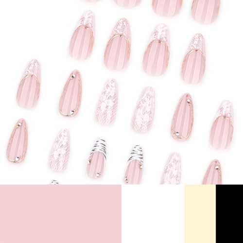Black A33 Almond French Tip Press On Nails – Nude Pink Gold Line Lace Design