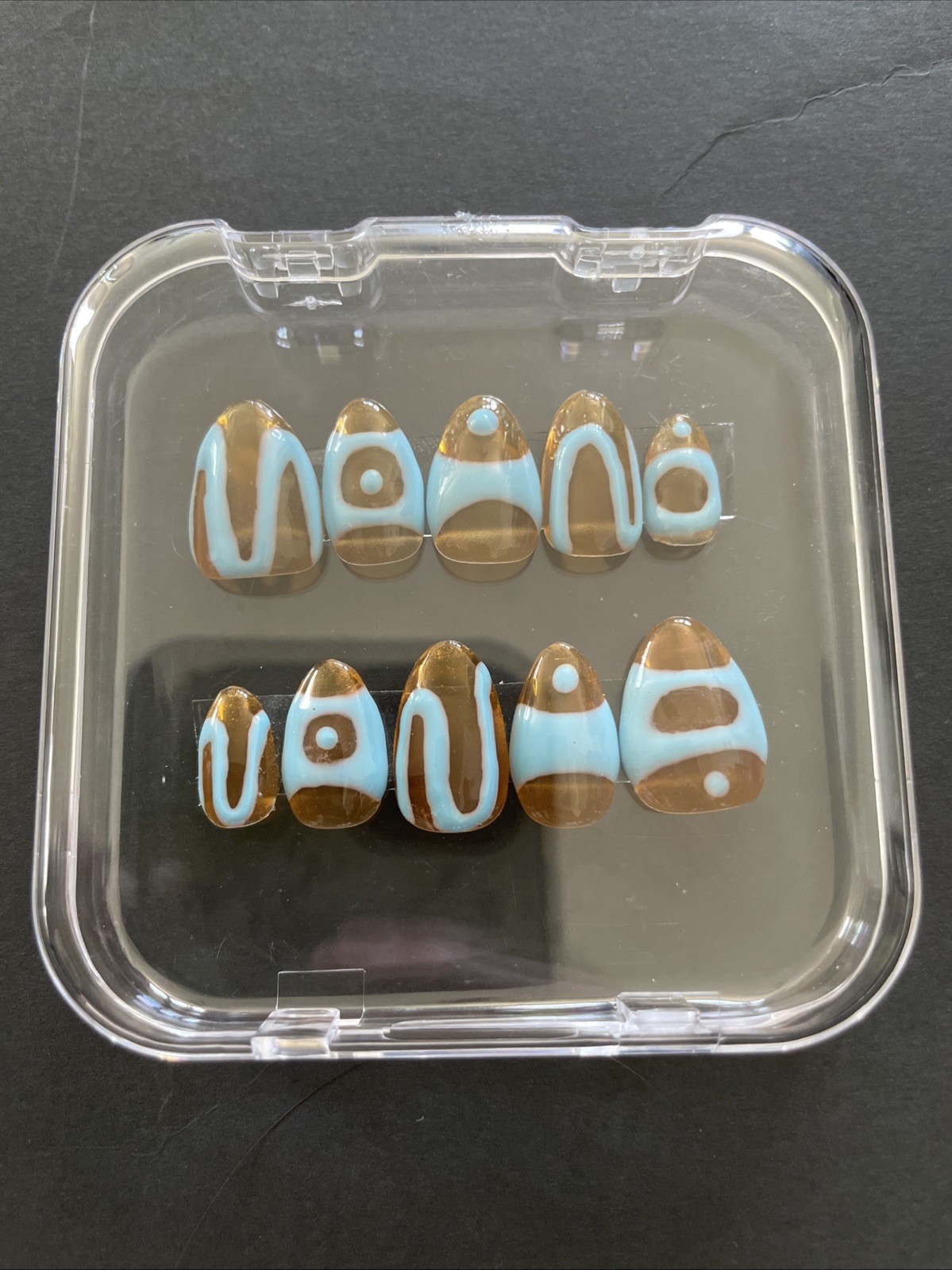 Homemade Press-On-Clear Orange With Blue Abstract Art Almond Nail Set