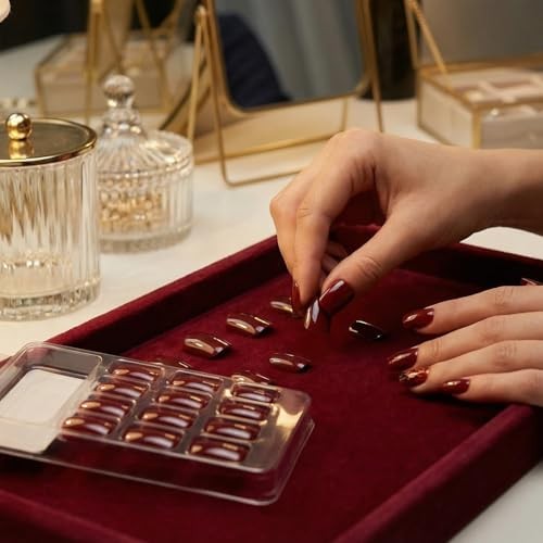 Burgundy Wine Red Short Press On Nails, Glossy Deep Red Fake Nails, Natural