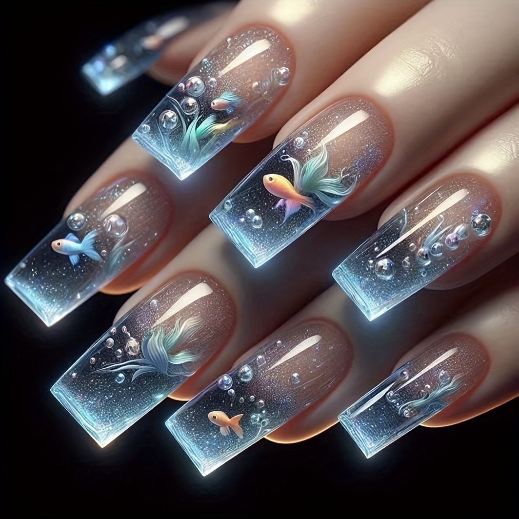 24pcs Press on Nails Goldfish Bubble Long Square Glossy Reusable Fake Nails