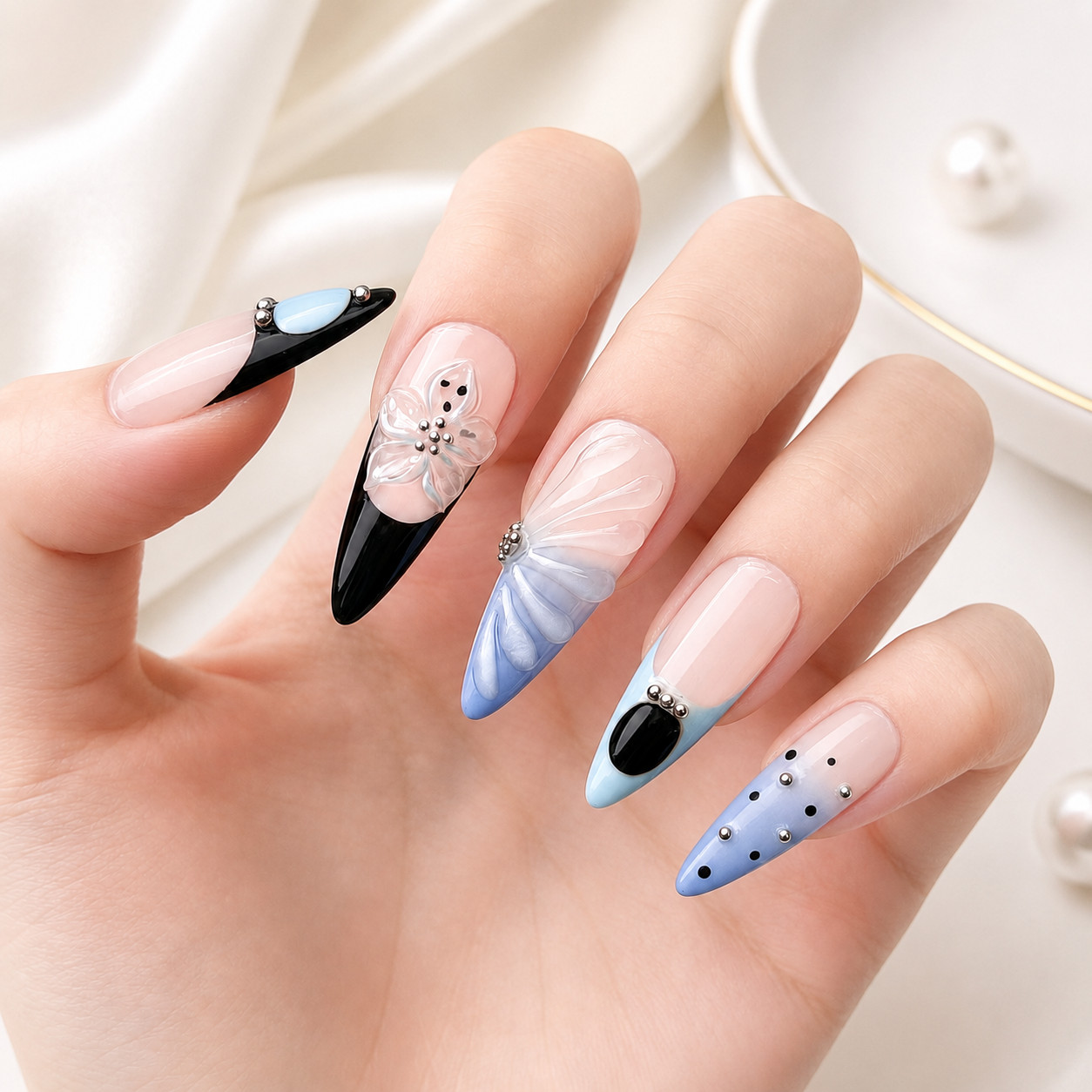 Long Stiletto Press On Nails Blue Black French Tip Butterfly Rhinestone Nail Set