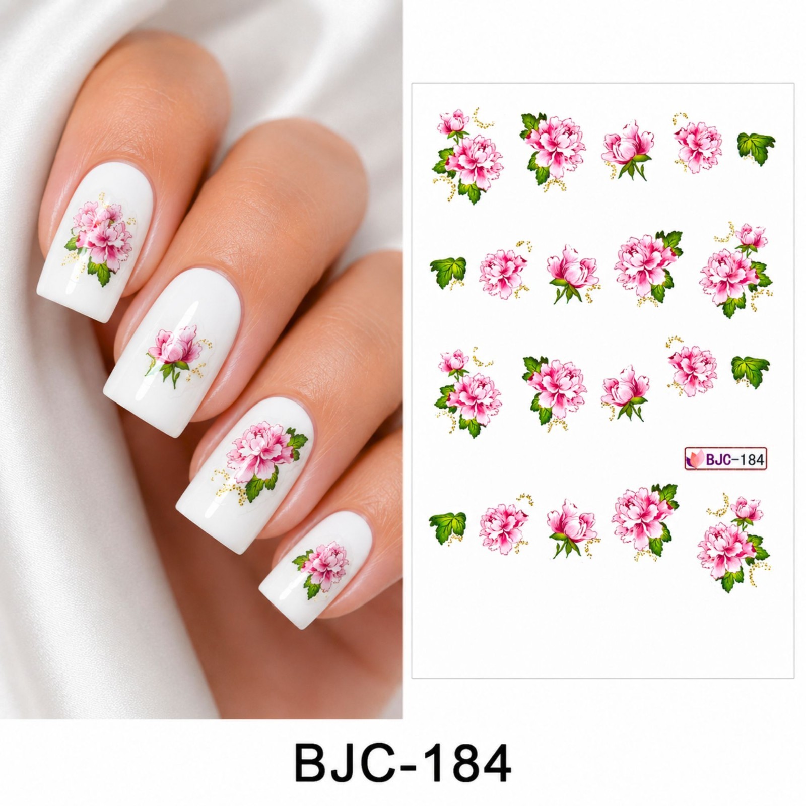 Pink Peony Flower Blossom Nail Art Water Decal Stickers White Square floral gift