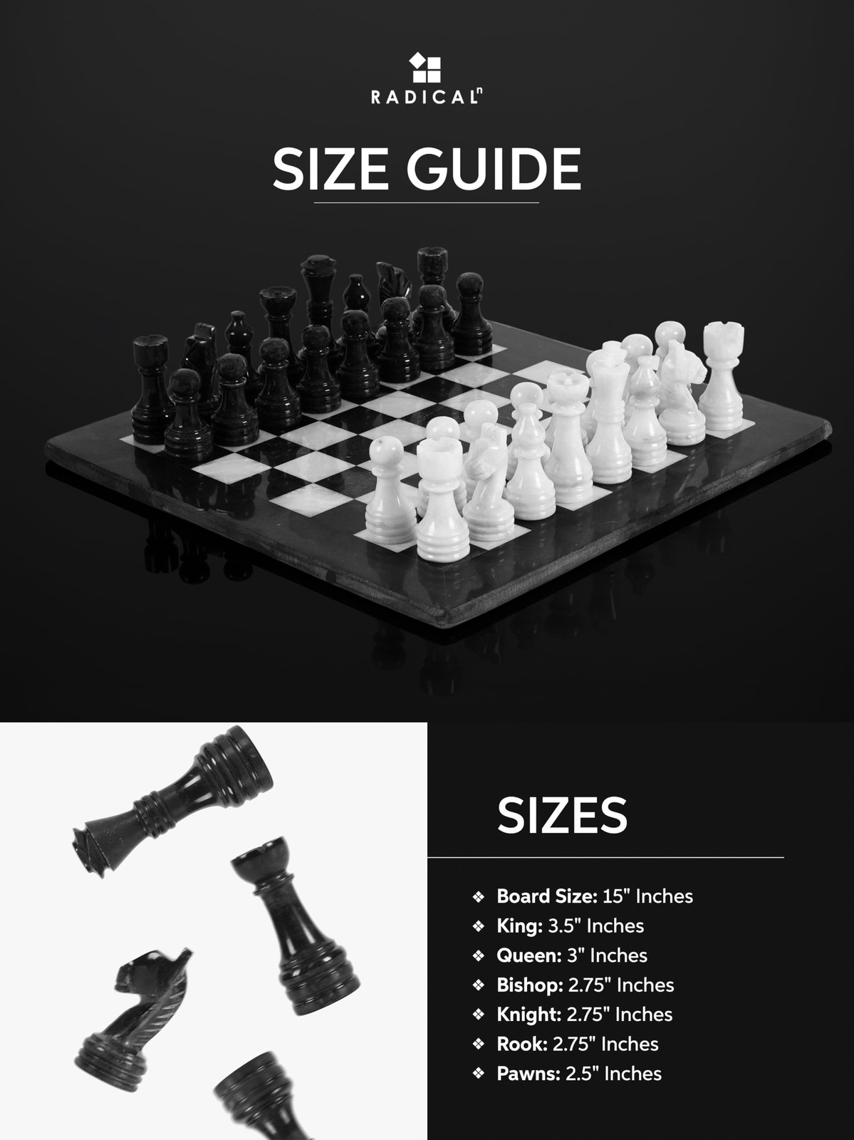 Radicaln Marble Chess Set 15″ Inches Black & White with 15 inches,