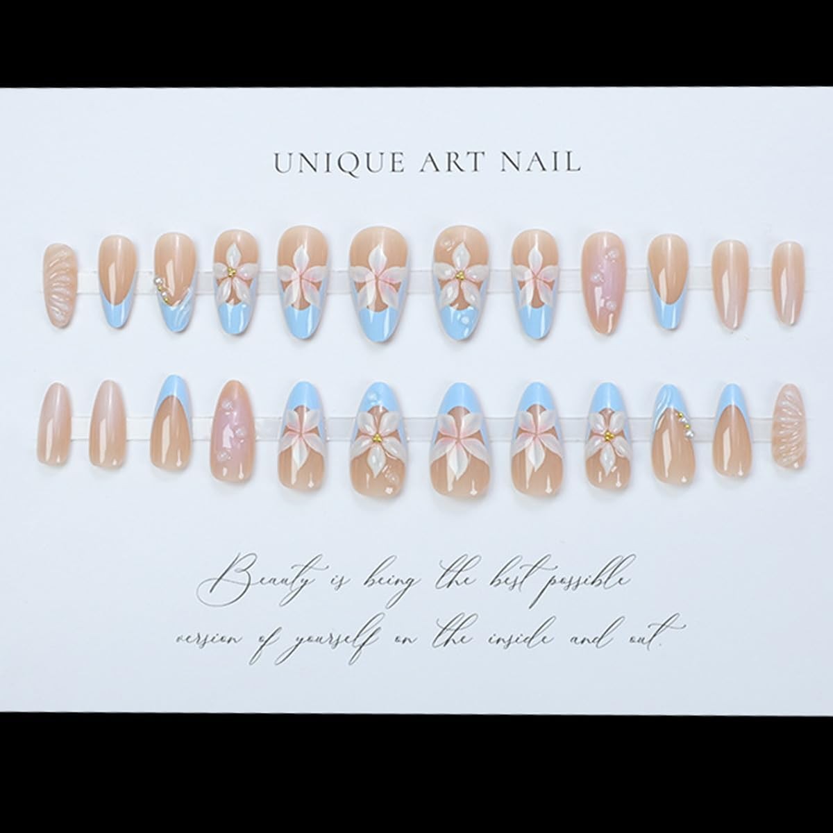Blue French Tip Press on Nails White Flower Medium Almond Fake Nails With Pea…