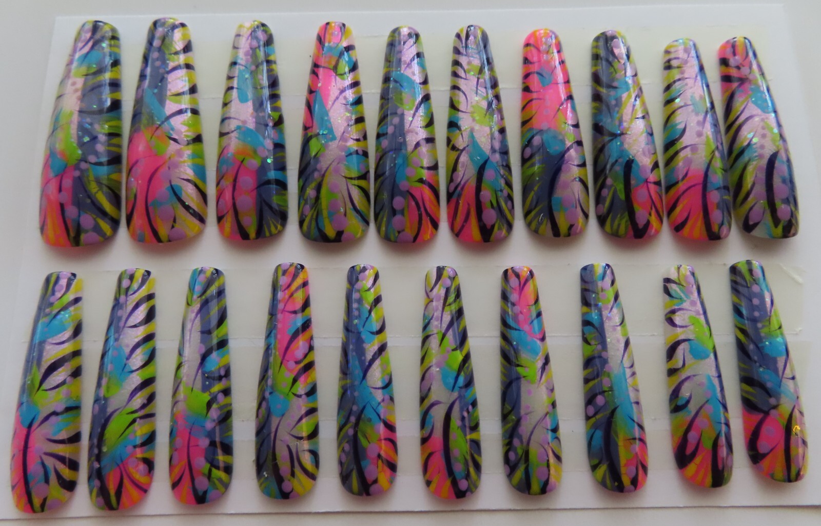 XL Pink Purple Black Blue Green Yellow Abstract Glitter Coffin Press On Nails