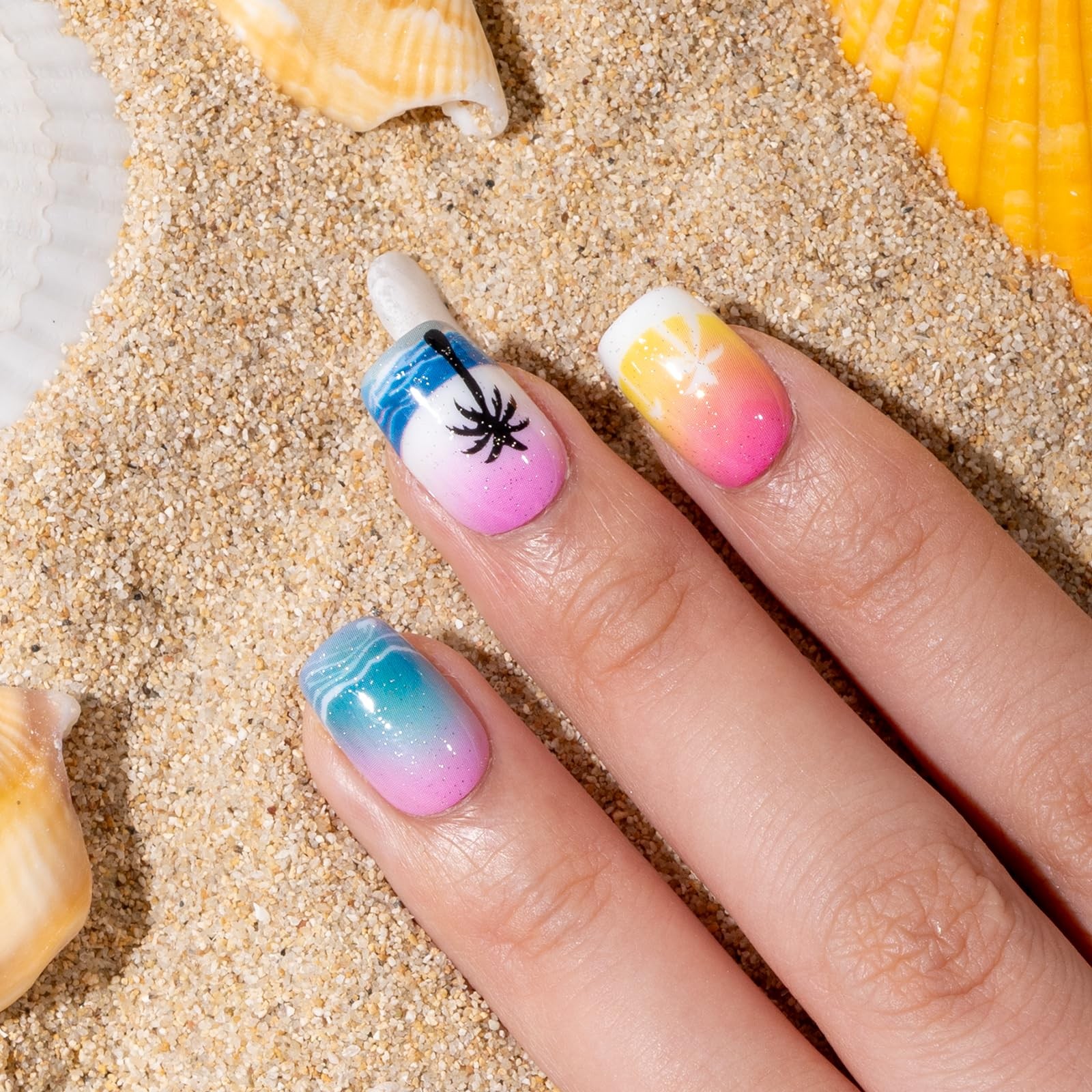 CurvLife Medium Square Tropical Press On Nails, Summer Sunset Pink | 32PCS 16 Si