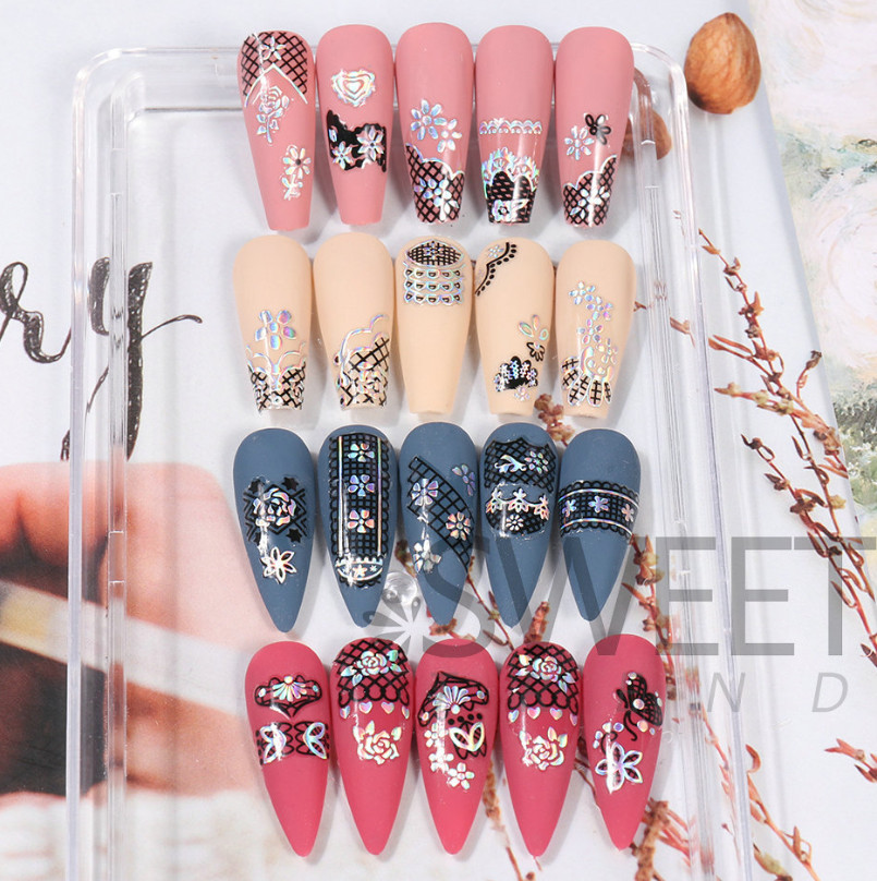 Silver Black Nail Sticker Laser Butterfly Rose Lace Flower Heart Peel Stick NH21