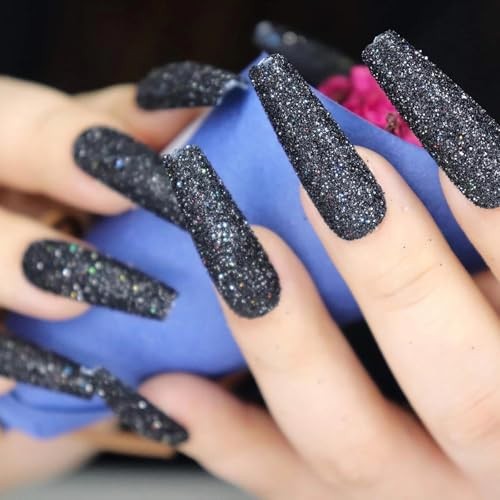 Press on Nails – Long Coffin Fake Nails with Bling Glitter, Glitter05Black