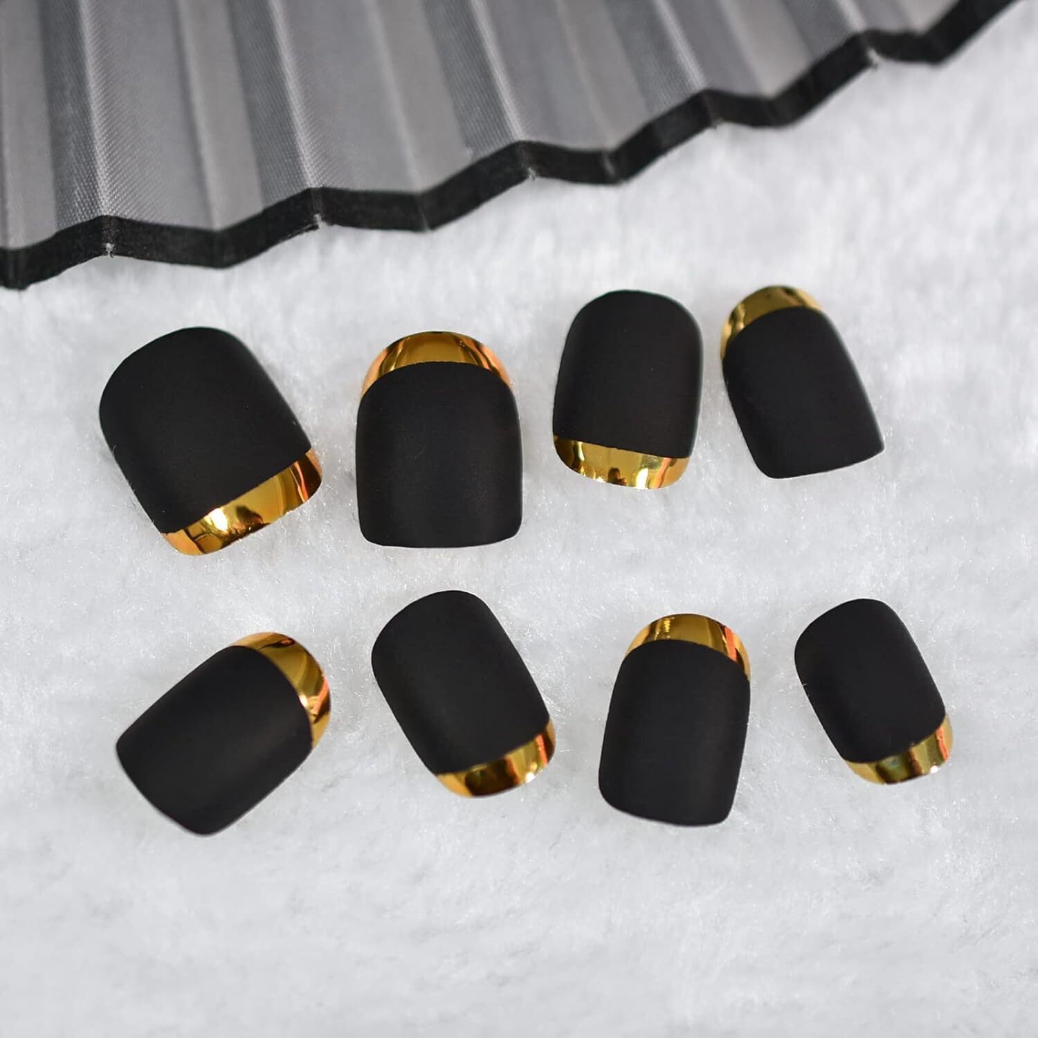 Matte Black Gold Chrome French Press On Nails Short Square Glue On Fake Nails