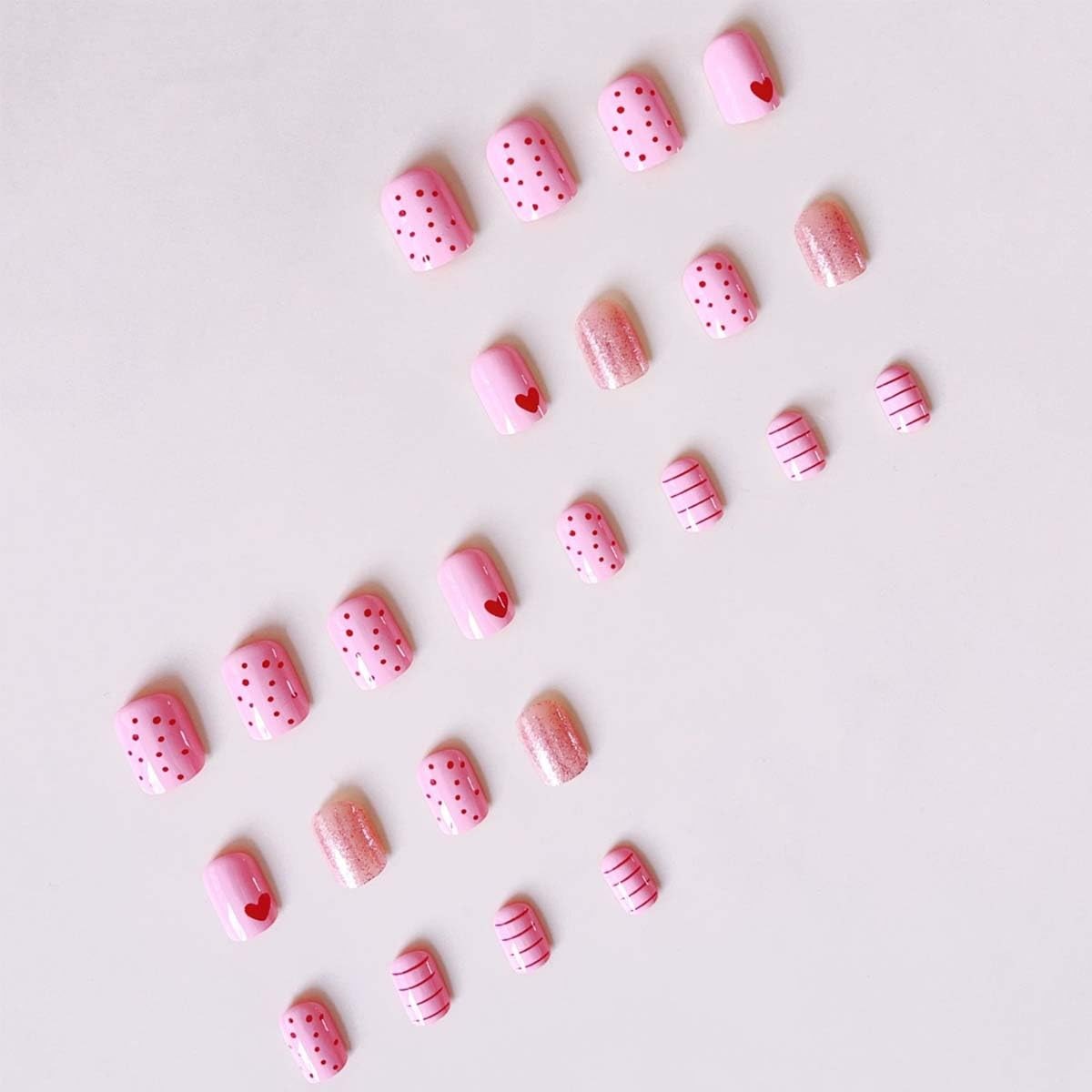 24Pcs Valentines Press on Nails Short Square Red Style 01, MultiColor