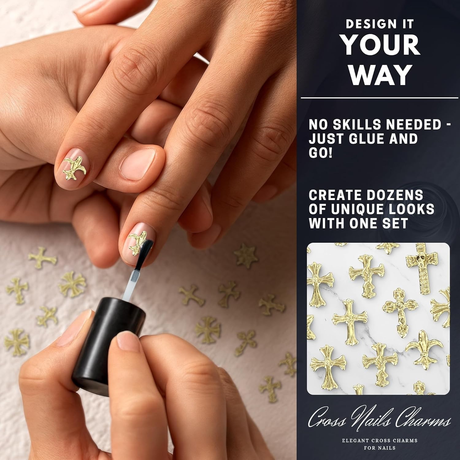Gold Cross Nail Charms – 100 Pcs Set Gold Nail Charms and Gems in Acrylic & M…