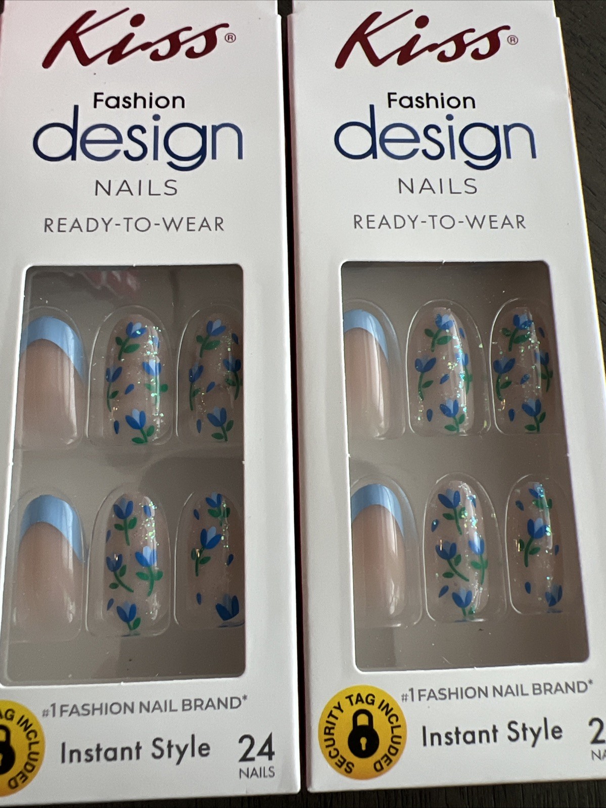 2x~Kiss Design Ready To Wear Glue Nails~Medium~Round~Blue Flowers~New
