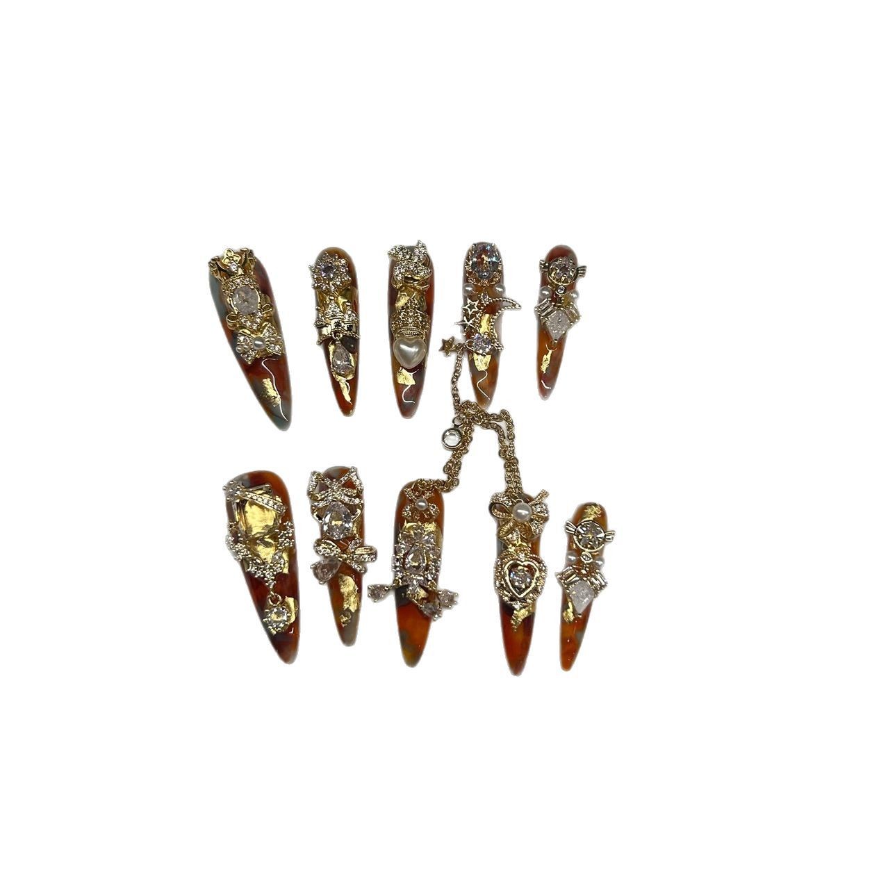Amber Handmade Press On Nails Full Zircon Design