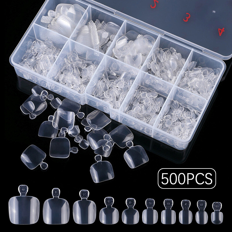 500 Pcs Artificial False Toe Nails Tip For Nail Art Decor Foot Manicure Tool Box