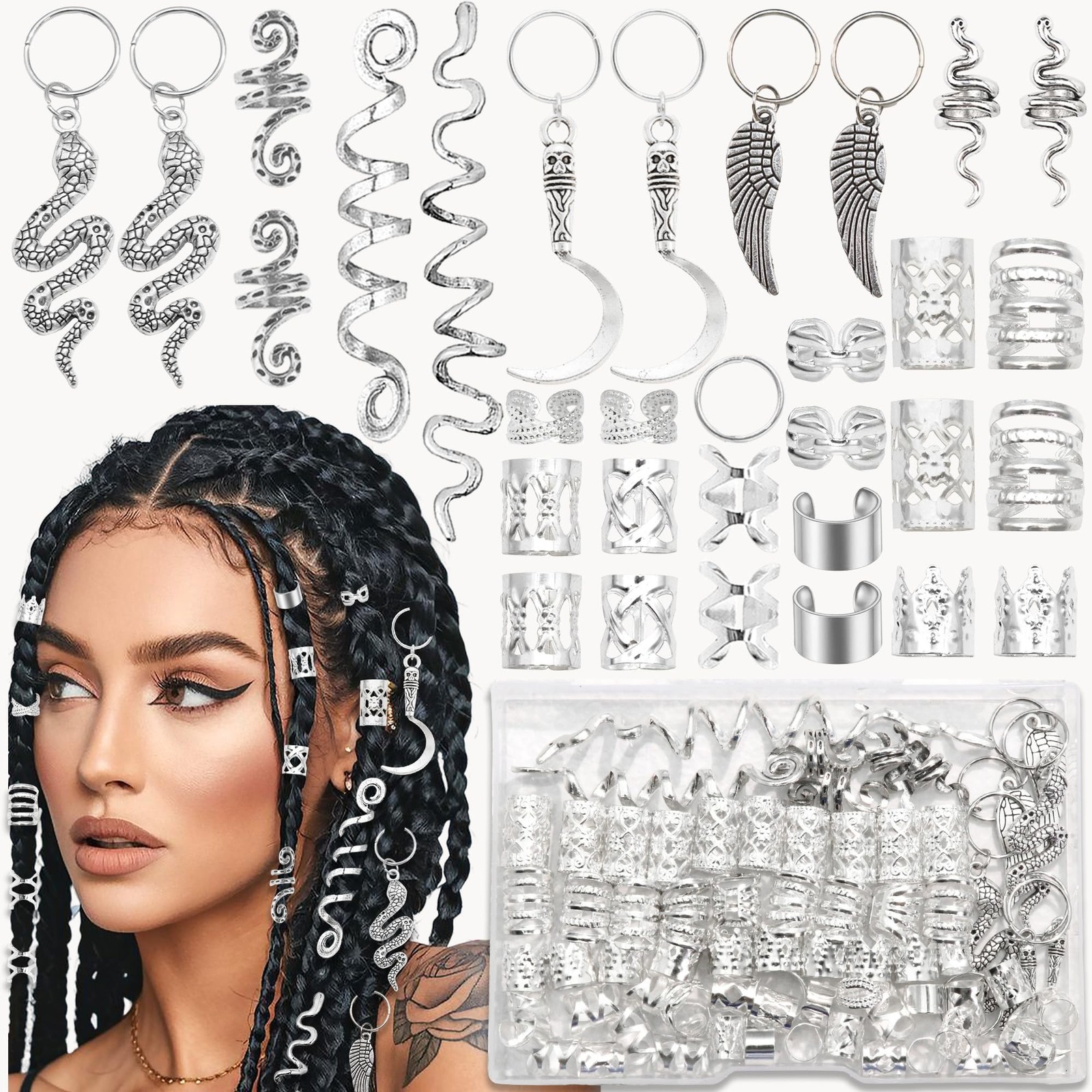 122PCS Silver Hair Jewelry Snake Loc Charms Braids Clips Multi Style Hair Cuf…