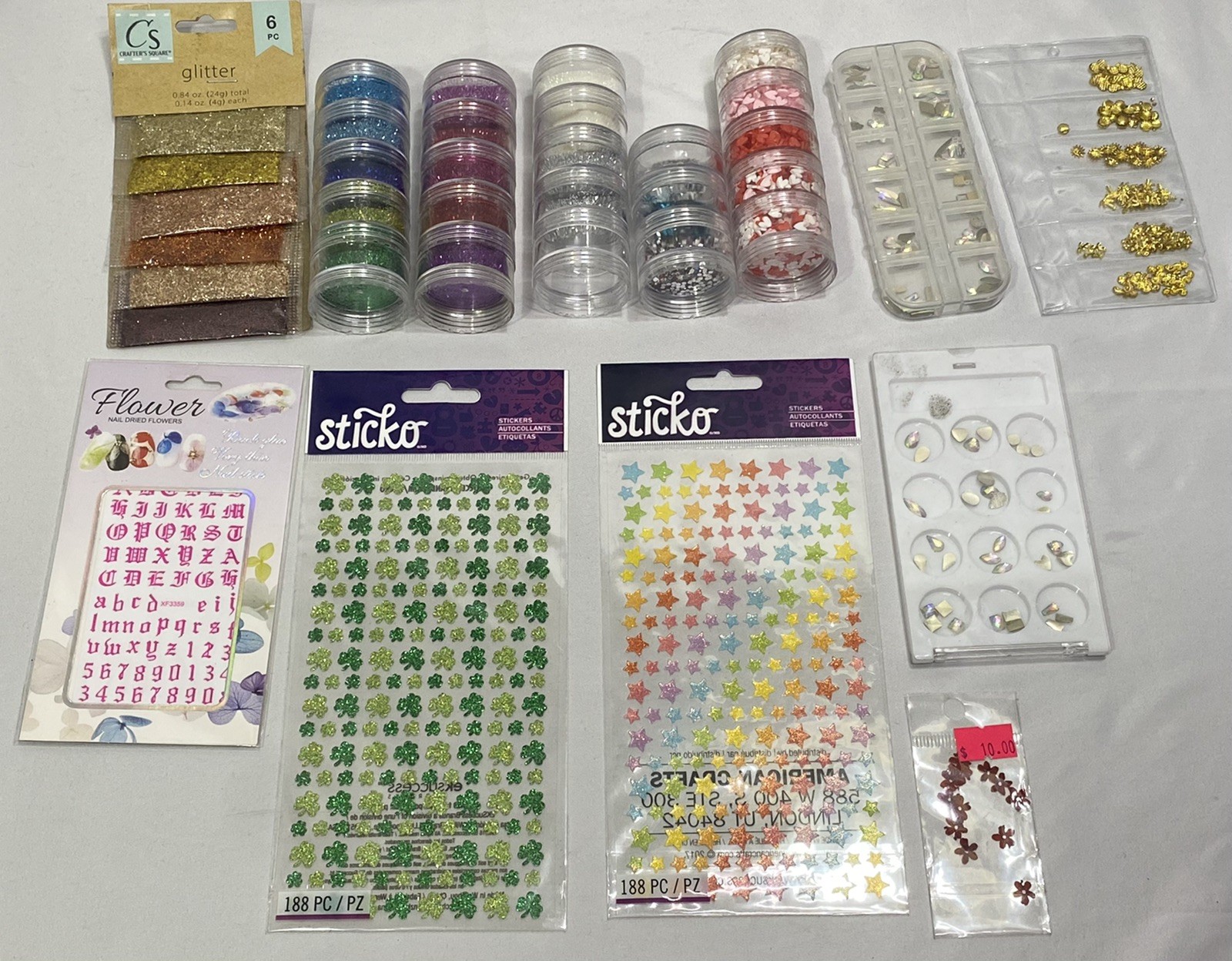 Nail Art Lot of 13- Glitter Sealable Containers, Stickers, Gems, Gold decals, ++