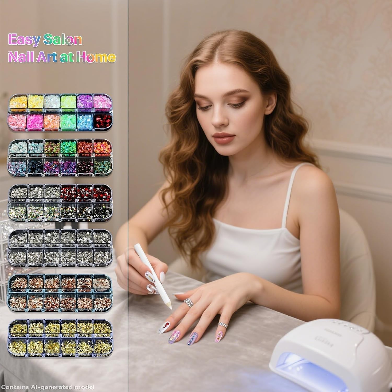 Artdone 3D Nail Art Glitter Studs Kit with 6 Multicolor Boxes & 15 Gold Stickers