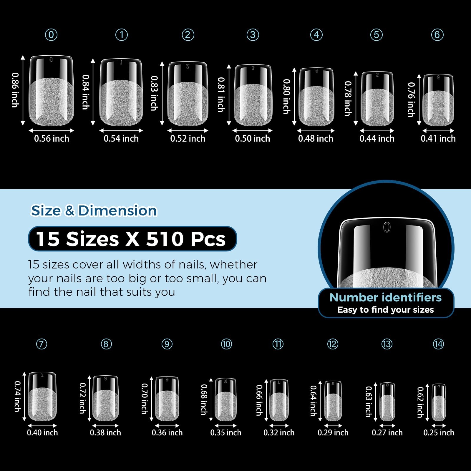 Short Square Nail Tips 510Pcs 15 Sizes, Soft Acrylic Gel Nails