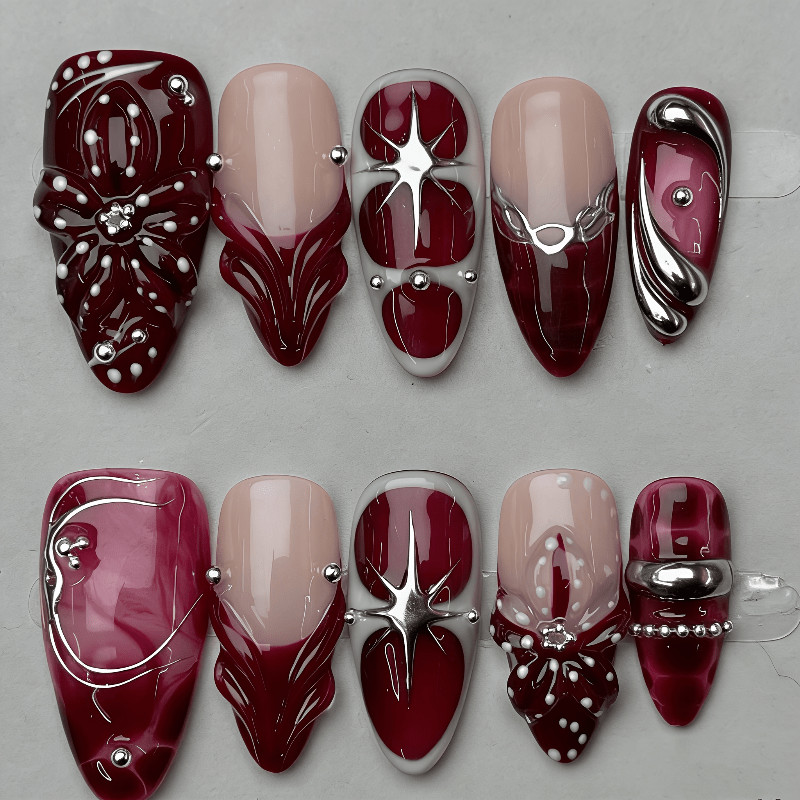 Handmade Medium Almond Fake Nails Nude Red Ombre 3D Bow Starburst Silver Design