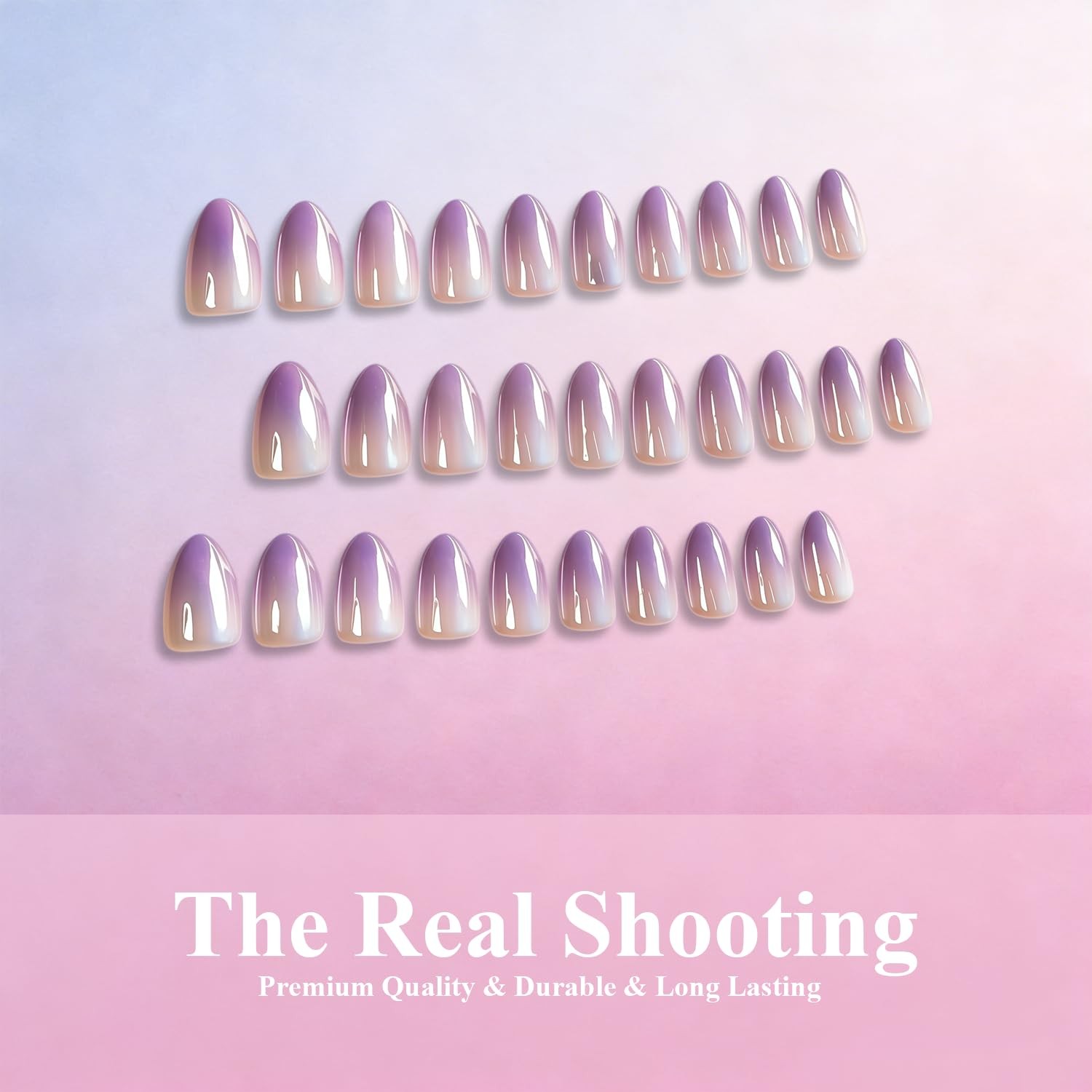 Chrome Ombre Lilac Press on Nails Short Almond, Shiny French Fake Nails with …