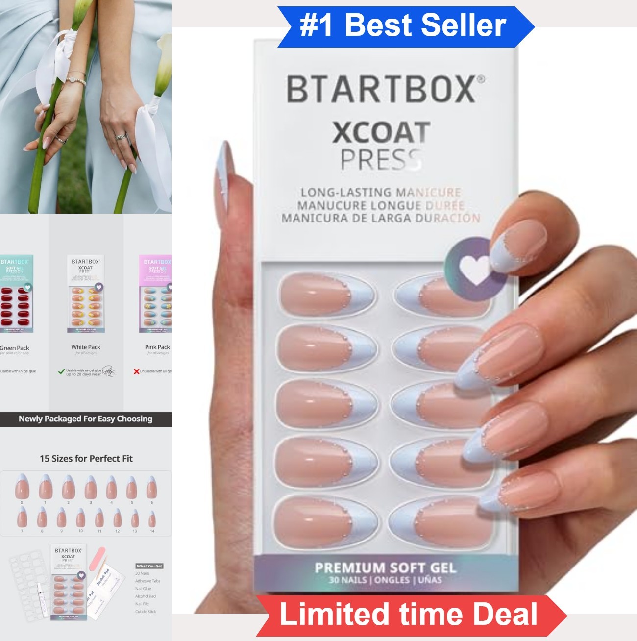 Press On Nails Medium Almond French Tip Blue 30 Count Soft Gel With Glue Tabs