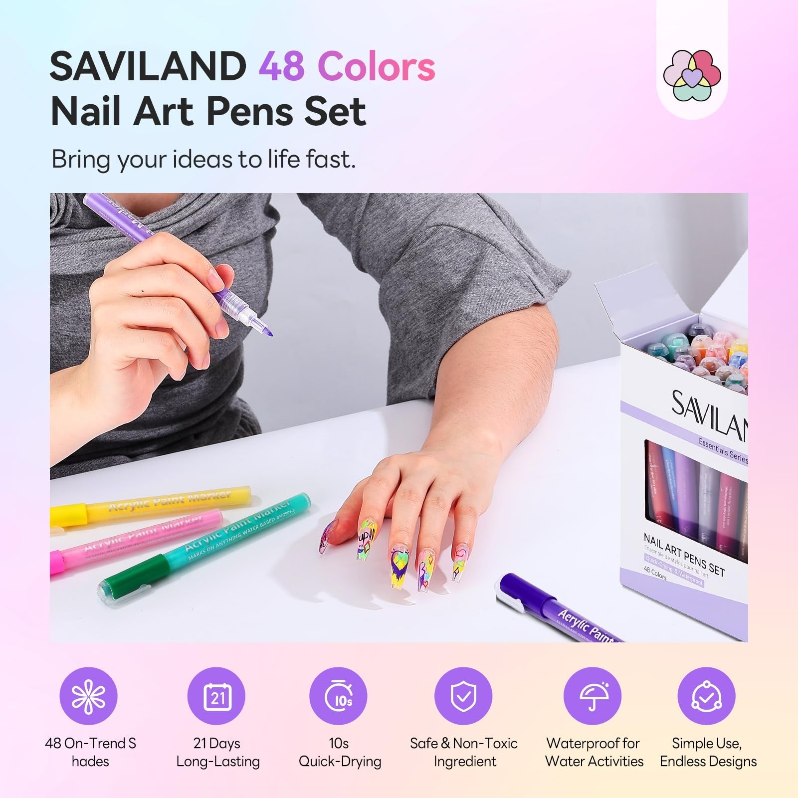 48 Colors Nail Art Pens Set – Quick-Drying 3D Acrylic Paint Markers for DIY & Sa