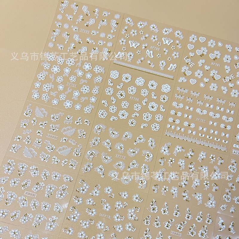10sheets White Lace Daisy Flower Gold Rhinestones Nail Art Stickers Decor XF