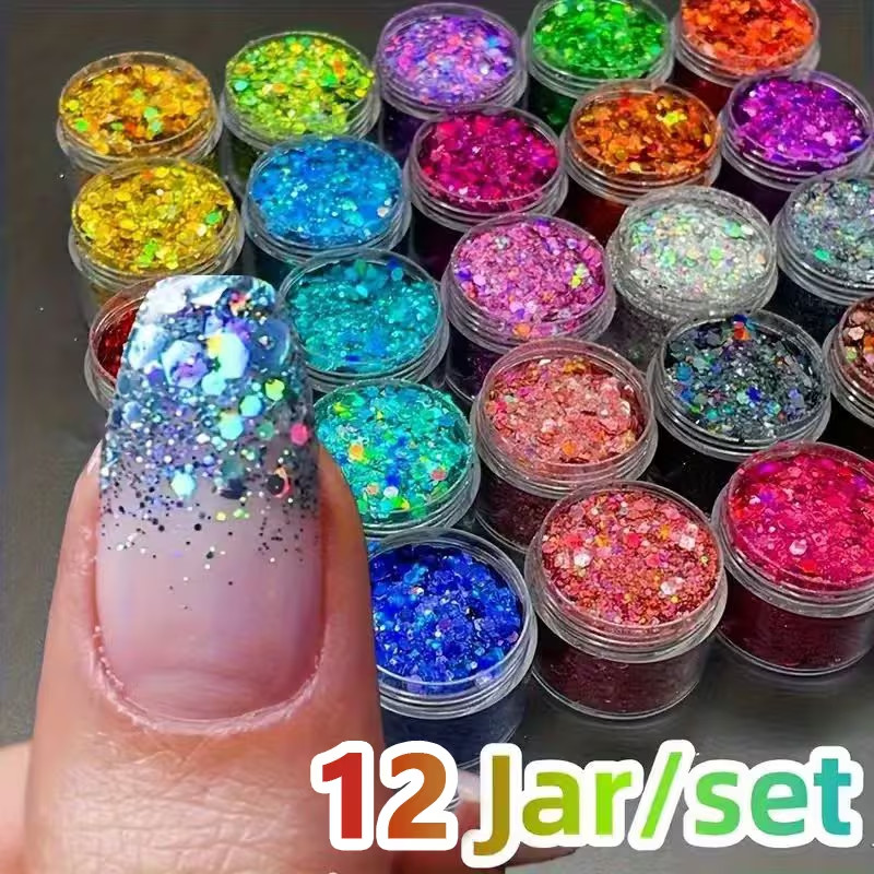 12 Colors Holographic Nail Glitter Set Iridescent Chameleon Hexagon Sequins DIY